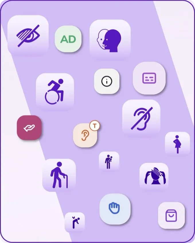 La aplicación AssistEvent en un teléfono: servicios de accesibilidad en espera y en directo, solicitud de asistencia, plano y emergencias