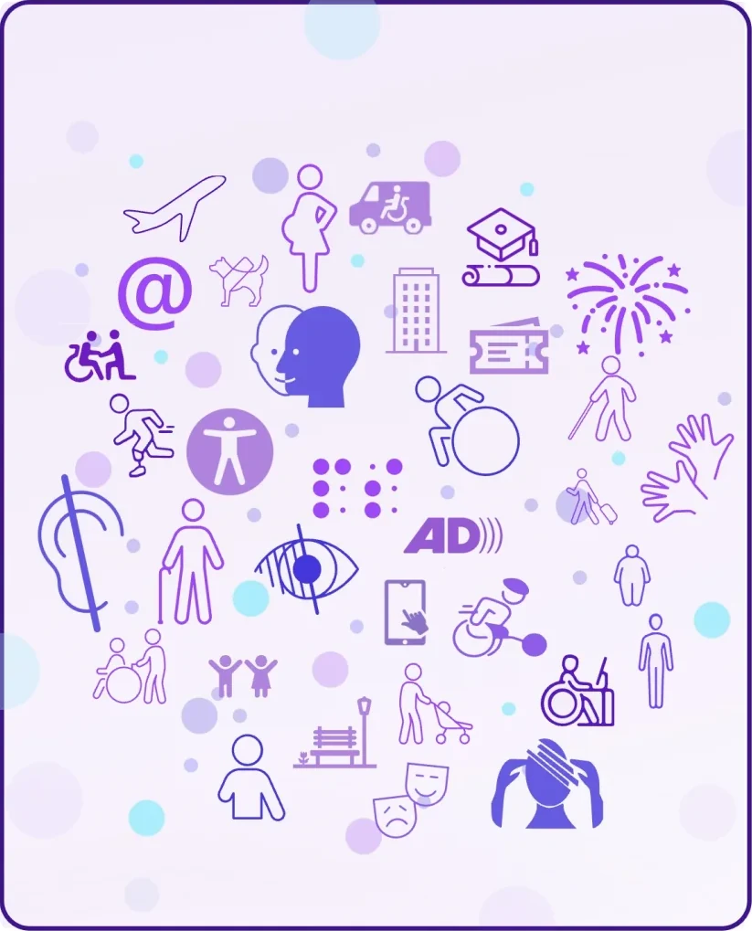 Mosaïque de pictogrammes représentant la diversité des situations de handicap et d'accessibilité