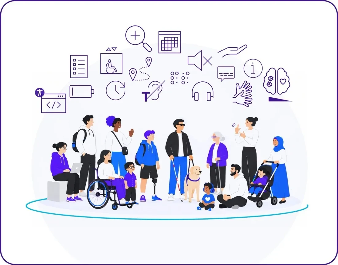 Ilustración de un grupo diverso de personas, incluidas personas con discapacidad, rodeadas de pictogramas de accesibilidad