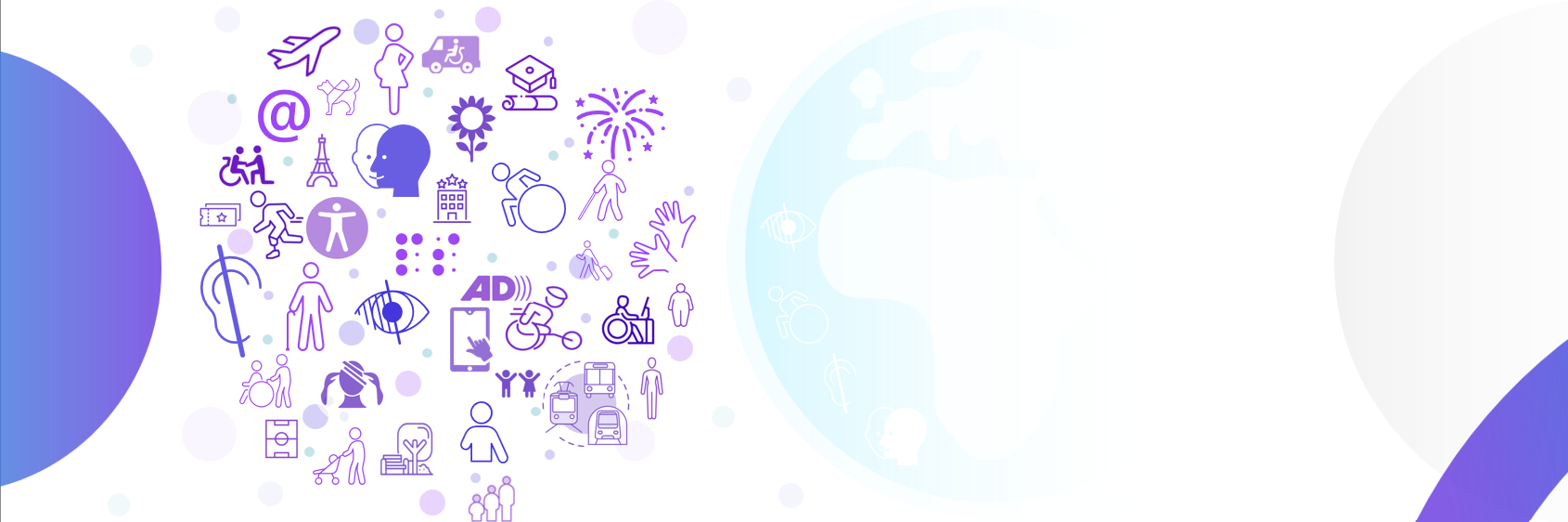 Bannière : à gauche, un cercle d’icônes violettes illustrant divers aspects de l’accessibilité (fauteuil roulant, canne blanche, langue des signes, transport, etc.) ; à droite, sur fond blanc, le message « Devenez des Possibleurs de l’inclusion – Experts en Accessibilité Universelle & Planification Inclusive » et un bouton bleu « En savoir plus ».